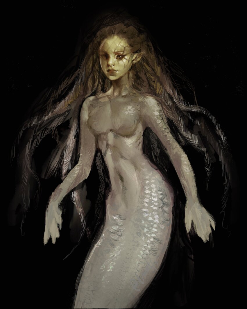 1girl \m/ absurdres black_background braid brown_eyes brown_hair commentary cracked_skin english_commentary floating_hair highres long_hair looking_at_viewer mermaid monster_girl original pointy_ears scales simple_background smile solo twulfs