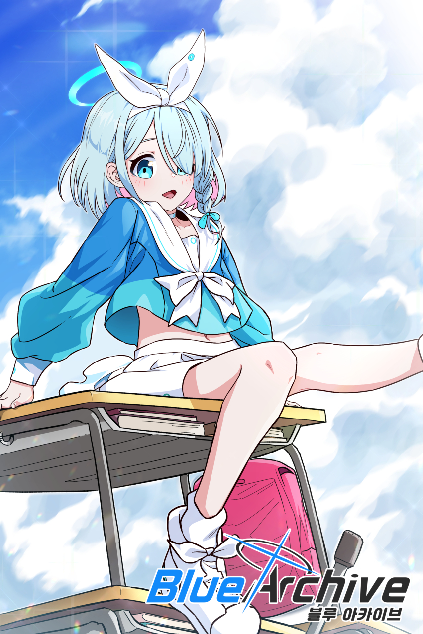 1girl absurdres aqua_halo arona_(blue_archive) augustus_(as7648) blue_archive blue_eyes blue_hair blue_shirt blue_sky book bow bow_hairband braid cloud cloudy_sky commentary crop_top cropped_shirt day desk eyes_visible_through_hair foot_out_of_frame hair_over_one_eye hairband halo highres leg_up long_bangs long_sleeves looking_at_viewer midriff miniskirt navel on_desk open_mouth outdoors parted_bangs pile_of_books sailor_collar school_desk shirt side_braid sitting skirt sky smile solo symbol-only_commentary white_bow white_hairband white_sailor_collar white_skirt