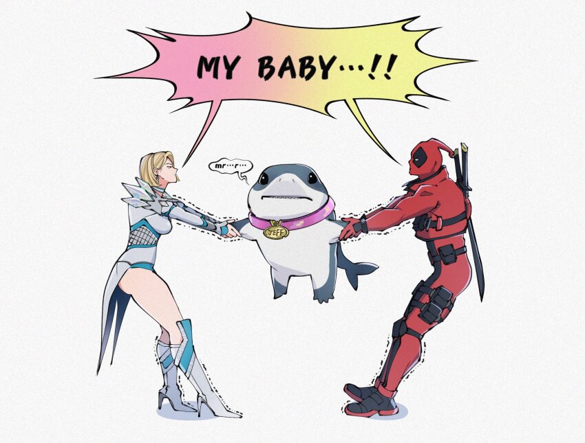 1boy 1girl blonde_hair bodysuit commentary deadpool deadpool_(series) emma_frost fins fish_tail gills gloves highres jeff_(marvel) leotard marvel marvel_rivals mask muscular muscular_male red_mask shark shark_boy shark_fin shark_tail sharp_teeth superhero_costume symbol-only_commentary tail teeth weapon x-men yamuoez