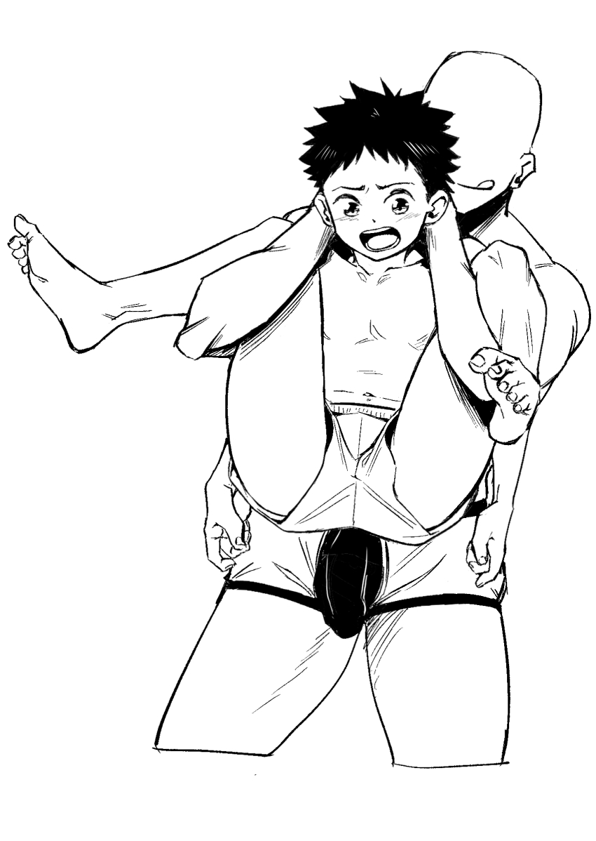 2boys accter age_difference blush carrying carrying_person faceless faceless_male feet full_body highres male_focus monochrome multiple_boys open_mouth original short_hair shota teeth thighs topless_male white_background yaoi