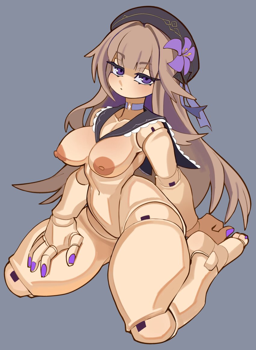 1girl absurdres beret black_hat black_sailor_collar breasts brown_hair choker closed_mouth collarbone commentary doll_joints english_commentary fingernails flower full_body grey_background hair_flower hair_ornament hat herta_(honkai:_star_rail) herta_(puppet)_(honkai:_star_rail) highres honkai:_star_rail honkai_(series) joints long_hair looking_at_viewer medium_breasts nezo nipples no_pussy nude purple_choker purple_eyes purple_flower sailor_collar simple_background sitting solo wariza
