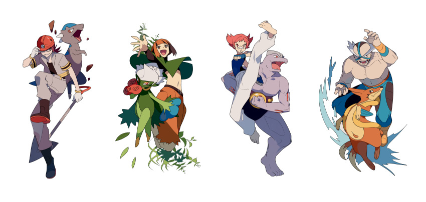 2boys 2girls absurdres barefoot boots commentary_request cranidos crasher_wake floatzel gardenia_(pokemon) gen_1_pokemon gen_4_pokemon gloves gym_leader hand_on_headwear helmet highres holding machoke maylene_(pokemon) multicolored_hair multiple_boys multiple_girls navel nintendo orange_hair pants pink_hair pokemon pokemon_(creature) pokemon_dppt roark_(pokemon) roserade short_sleeves shovel soles spread_fingers toes topless_male two-tone_hair wristband zero_(jckz2334)
