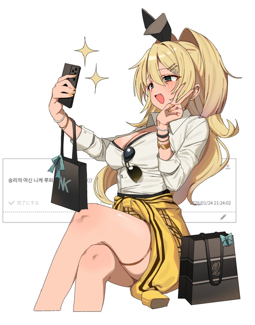 1girl absurdres aviator_sunglasses bag black_bow blonde_hair blush bow bracelet breasts cellphone cleavage clothes_around_waist collared_shirt commentary_request crossed_arms eyewear_hang fan_request fang goddess_of_victory:_nikke gold_nails green_eyes hair_bow hair_intakes hair_ornament hairclip highres holding holding_phone jacket jacket_around_waist jewelry korean_commentary kyamimasita long_hair long_sleeves medium_breasts odaibako open_mouth phone plaid_clothes plaid_skirt request_inset rupee_(nikke) selfie shirt shopping_bag sidelocks sitting skirt sleeves_rolled_up smartphone solo star_(symbol) sunglasses thighlet unworn_eyewear v white_background white_shirt yellow_jacket yellow_skirt