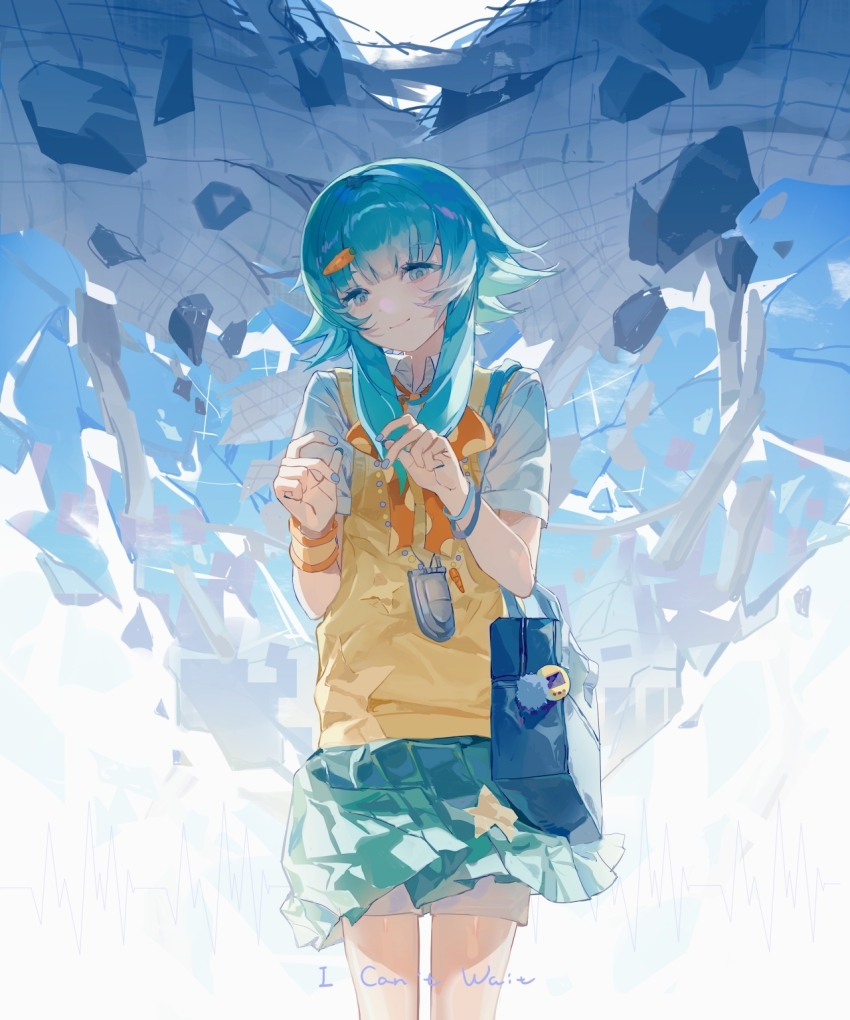 1girl bag blue_bag blue_nails bow bowtie bracelet carrot_hair_ornament closed_mouth collared_shirt commentary cowboy_shot english_commentary food-themed_hair_ornament green_eyes green_hair green_skirt gumi hair_ornament hands_up heisei_retro highres i_can't_wait_(synthesizer_v) jewelry miniskirt nemumioto orange_bow orange_bowtie pleated_skirt polka_dot polka_dot_bow polka_dot_bowtie rubble school_bag shirt short_hair_with_long_locks short_sleeves shorts shorts_under_skirt skirt smile solo song_name star_(symbol) sweater_vest tamagotchi_(virtual_pet) tareme virtual_pet_(toy) vocaloid white_shirt white_shorts wristband yellow_sweater_vest