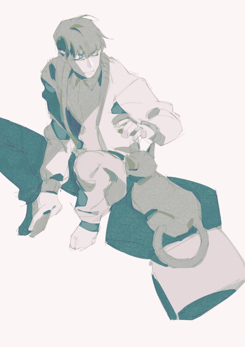 1boy cat commentary english_commentary full_body hand_up highres holding holding_phone jacket kim_dokja knees_up limited_palette male_focus nemomosso omniscient_reader&#039;s_viewpoint outstretched_hand phone short_hair sidelighting sitting