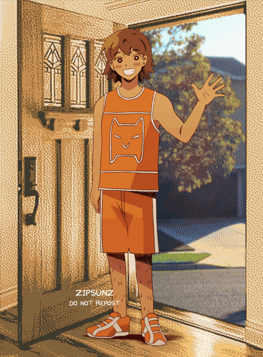 1boy animated animated_gif artist_name blush commentary dark-skinned_male dark_skin day double-parted_bangs english_commentary full_body grin hair_between_eyes highres kel_(faraway)_(omori) kel_(omori) leg_hair looking_at_viewer male_focus omori open_mouth orange_shoes orange_shorts photo_background shoes short_hair shorts smile sneakers solo teeth watermark zipsunz