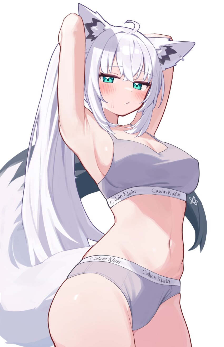 1girl :/ absurdres ahoge animal_ear_fluff animal_ear_piercing animal_ears aqua_eyes armpits arms_behind_head arms_up blush bra breasts calvin_klein commentary_request cowboy_shot crossed_bangs deaver double-parted_bangs fox_ears fox_girl fox_tail grey_bra grey_panties hair_between_eyes highres hololive long_hair looking_at_viewer medium_breasts navel panties pentagram shirakami_fubuki simple_background solo stomach tail underwear underwear_only very_long_hair virtual_youtuber white_background white_hair