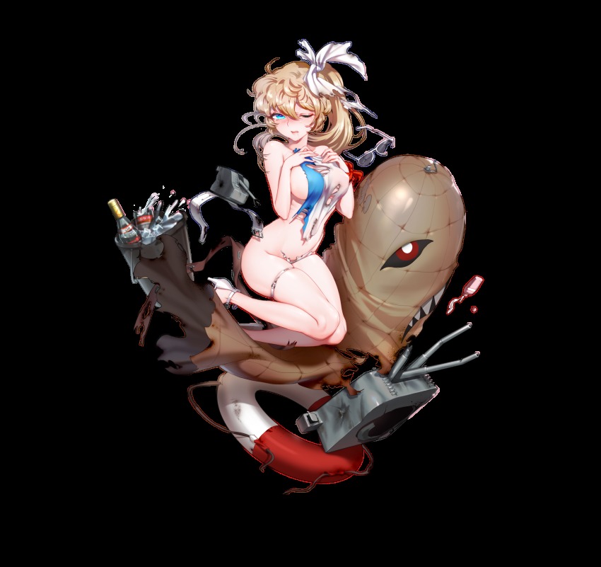 1girl absurdres aircraft alcohol battleship_girl belt blonde_hair blue_eyes bottle breast_suppress breasts broken broken_bottle bucket burnt_clothes command_&amp;_conquer command_&amp;_conquer:_red_alert command_&amp;_conquer:_red_alert_2 covered_erect_nipples covering_privates dirigible drooling eyebrows eyelashes female_focus fingernails full_body glasses hair_between_eyes hair_ribbon high_heels highres ice ice_cube kirov_(battleship_girl) kirov_airship lifebuoy light_brown_hair long_fingernails long_hair looking_at_viewer lotion_bottle medium_breasts name_connection nude official_art one-piece_swimsuit one_eye_closed open-toe_shoes open_belt quuni red_alert_2 ribbon saliva sandals shoes skindentation smile solo stolichnaya_(vodka) sunglasses swim_ring swimsuit tears thigh_strap torn_clothes torn_swimsuit towel transparent_background turret vodka wet white-framed_eyewear white_shoes wine_bottle wrist_ribbon