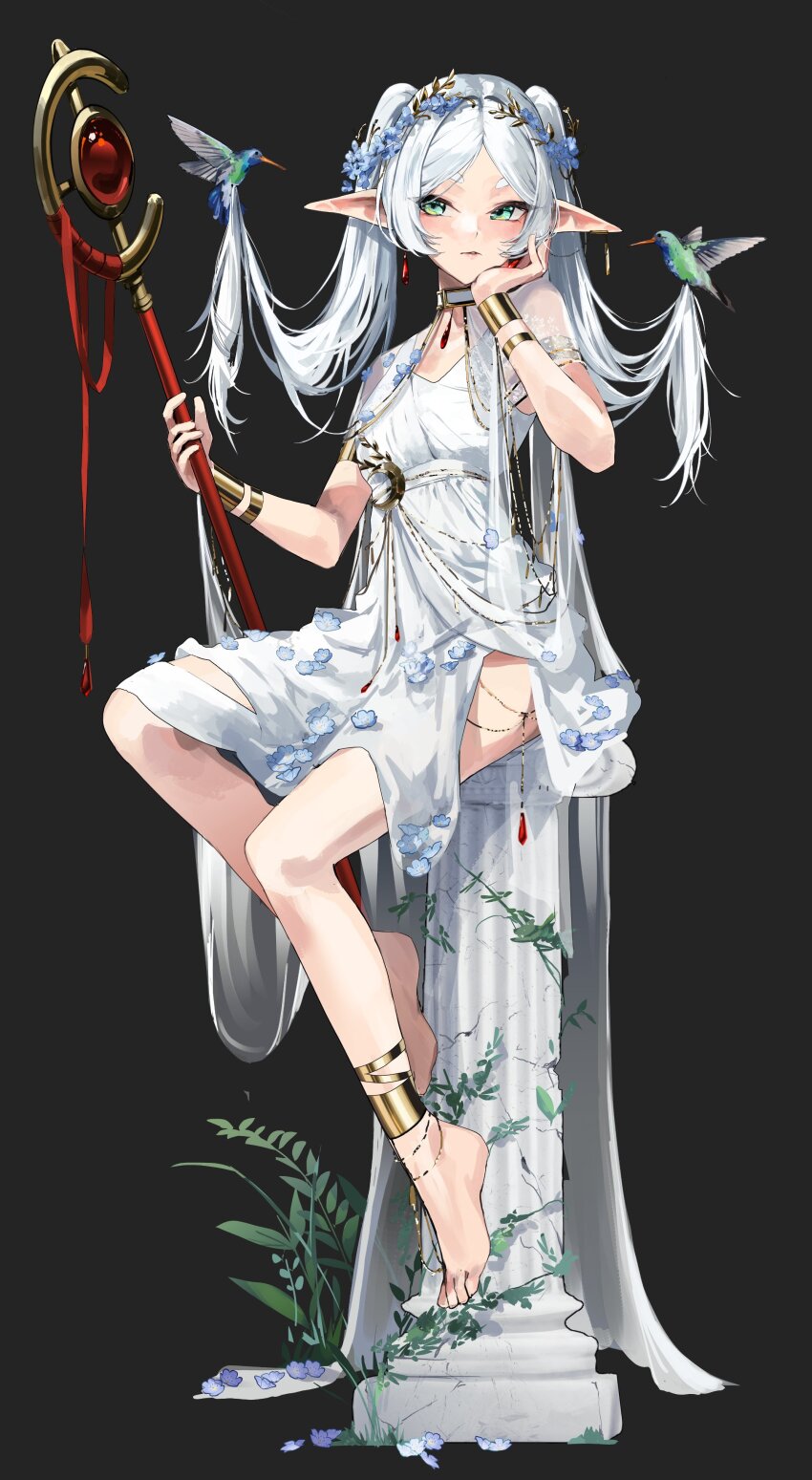 absurdres anklet barefoot bird black_background blue_flower bracelet breasts commentary dress earrings english_commentary floating flower frieren full_body gold_anklet gold_bracelet green_eyes grey_hair hand_on_own_cheek hand_on_own_face head_wreath highres holding holding_staff hummingbird jewelry long_hair medium_breasts meltyrice parted_bangs pillar pointy_ears sousou_no_frieren staff twintails white_dress