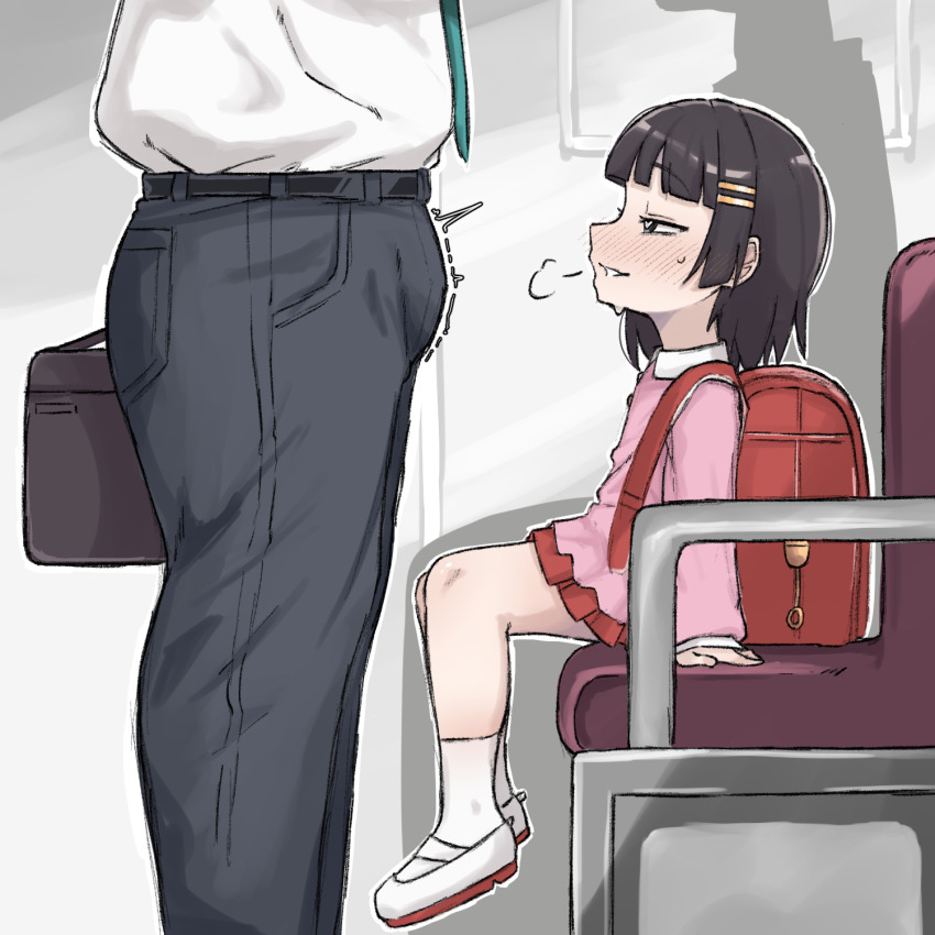1boy 1girl age_difference aroused backpack bag belt black_eyes blush bulge erection erection_under_clothes female_pervert hair_ornament hairclip half-closed_eyes heart heart-shaped_pupils highres kindergarten_uniform legs loli looking_at_another looking_up mesugaki original pants pervert randoseru shoes sitting skirt socks standing sweatdrop symbol-shaped_pupils thighs train train_interior zlix0n