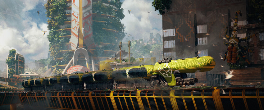 absurdres blue_sky building city cloud cloudy_sky commentary day english_commentary felixriano highres no_humans original outdoors plant railroad_tracks robot science_fiction sky solarpunk tower train