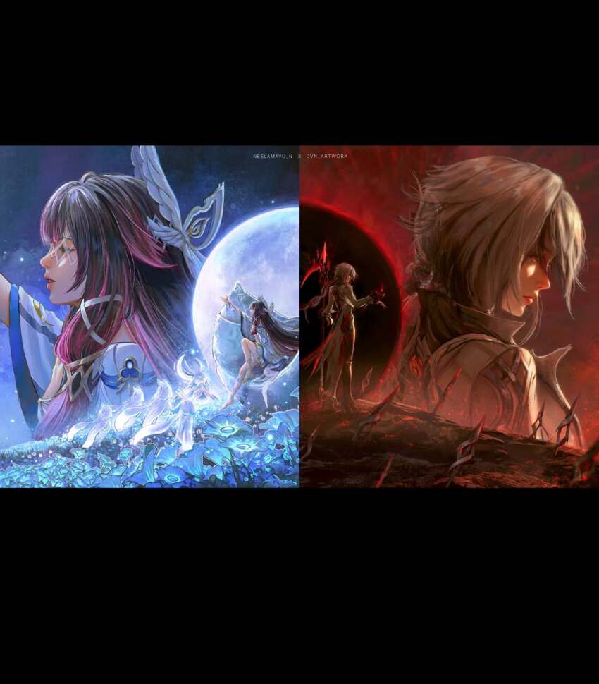 2girls arlecchino_(genshin_impact) arm_up artist_collaboration artist_name barefoot black_border black_hair black_pants black_shoes border closed_eyes closed_mouth coat columbina_(genshin_impact) crimson_moon's_semblance_(genshin_impact) dress eye_mask field flower flower_field from_side full_moon genshin_impact grey_coat grey_hair hair_ornament highres holding holding_polearm holding_scythe holding_weapon huge_moon jvn long_hair mask missing_commentary moon multicolored_hair multiple_girls neelamayu_n night pants parted_lips pink_hair polearm profile red_eyes red_pupils scythe shoes sitting sky solo split_theme standing streaked_hair symbol-shaped_pupils two-tone_hair upper_body weapon white_dress white_mask wing_hair_ornament zoom_layer