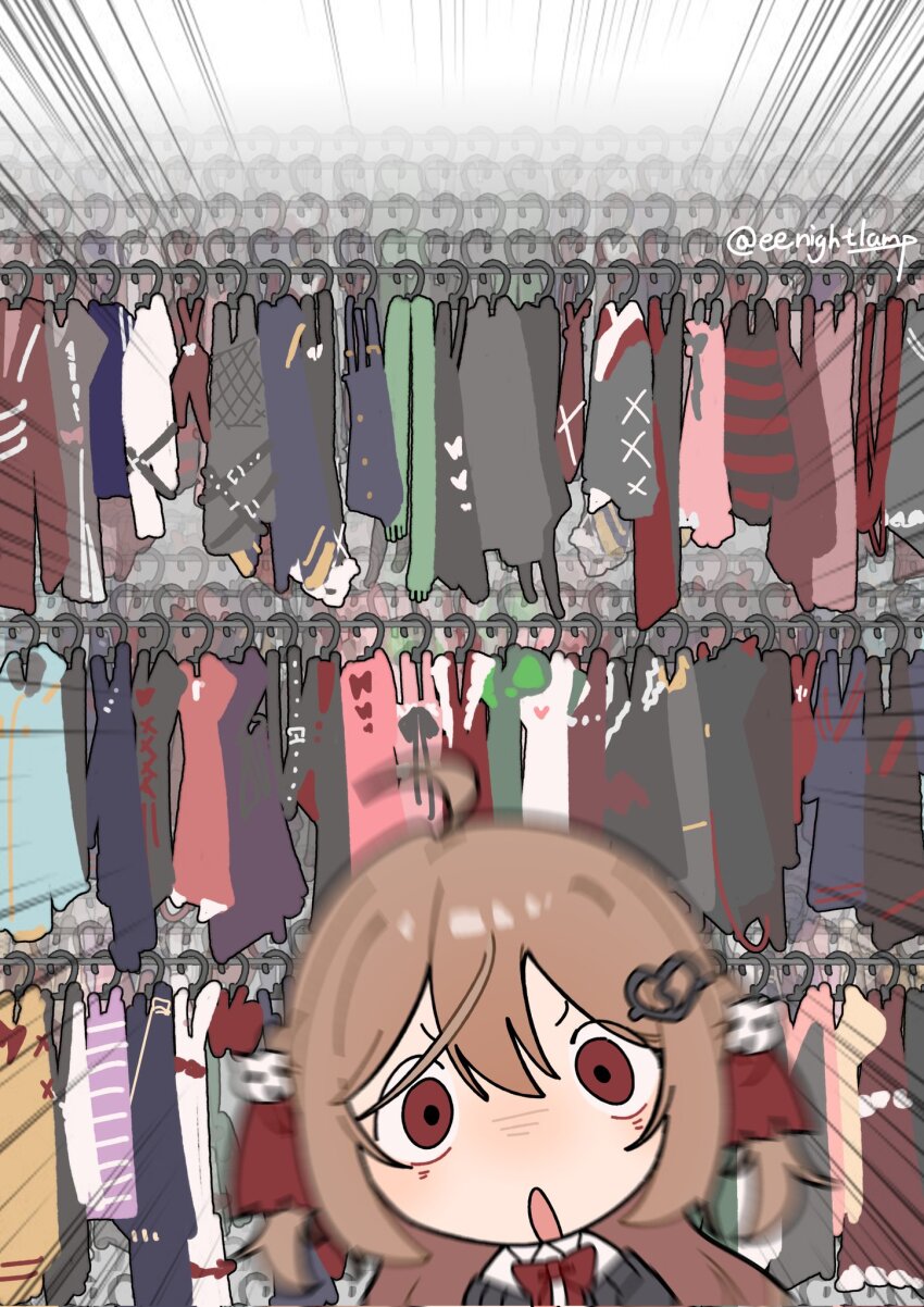 1girl :o ahoge black_cardigan blurry bow bowtie brown_hair cardigan closet clothes_hanger collared_shirt commentary eenightlamp emphasis_lines english_commentary evil_neuro-sama hair_between_eyes hair_ornament hair_ribbon highres long_hair looking_at_viewer neuro-sama off-shoulder_cardigan red_bow red_bowtie red_eyes red_ribbon ribbon shirt skull_hair_ornament surprised too_many torn_hair_ribbon twitter_username two_side_up unworn_clothes v-shaped_eyebrows vedal_ai white_shirt wide-eyed