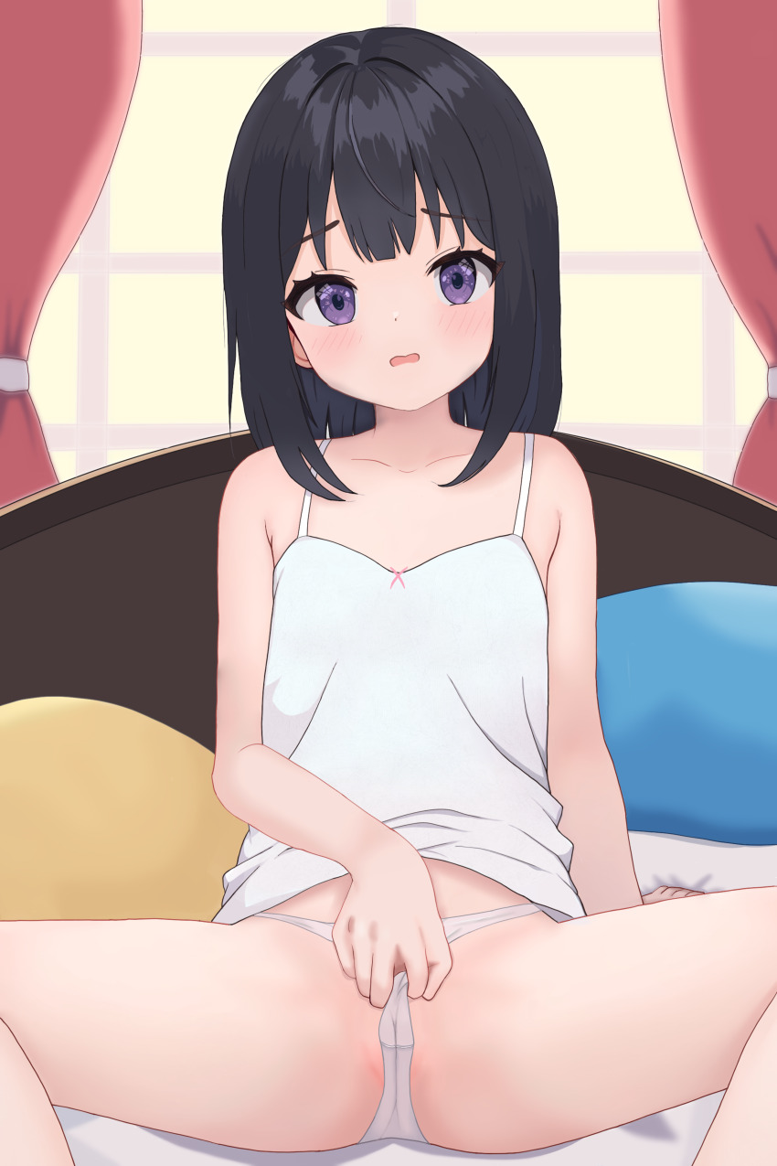 1girl absurdres black_hair blush cameltoe camisole curtains feet_out_of_frame female_focus frontal_wedgie highres indoors loli looking_at_viewer open_mouth original panties partially_visible_vulva pulling_own_clothes purple_eyes self_wedgie shirt sitting solo spread_legs thighs totorin7124 underwear wedgie white_panties white_shirt window
