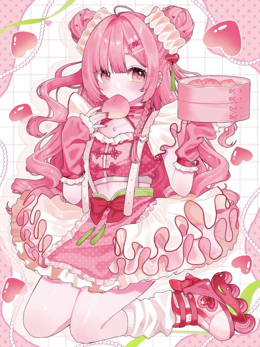 1girl absurdres ahoge arm_warmers bell bow box braid commentary crop_top double_bun earrings eyes_visible_through_hair food frilled_arm_warmers fruit full_body hair_bell hair_bun hair_ornament hair_scrunchie heart heart_earrings heart_hair_ornament heart_necklace highres holding holding_box ibispaint_(medium) jewelry kneeling long_hair necklace original peach pink_arm_warmers pink_hair pink_shirt pink_theme red_bow roller_skates scrunchie shiina_(qh38crgwgf1yeut) shirt side_braid single_braid skates skirt socks solo stud_earrings symbol-only_commentary tassel very_long_hair white_scrunchie white_skirt white_socks