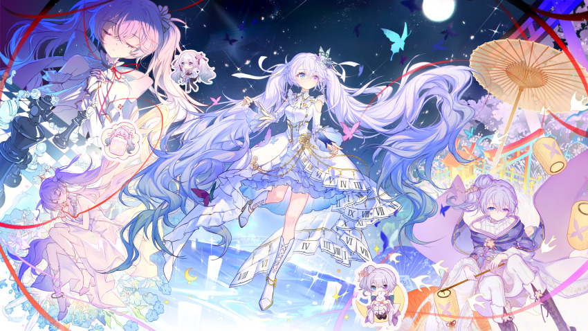 25-ji_miku absurdres aqua_eyes baicongdantui blush boots bug butterfly closed_mouth commentary_request dress full_body full_moon grey_hair hatsune_miku heterochromia highres insect instrument japanese_clothes long_hair long_sleeves moon night oil-paper_umbrella own_hands_together piano pink_eyes project_sekai roman_numeral string string_of_fate torii twintails umbrella very_long_hair white_boots white_dress