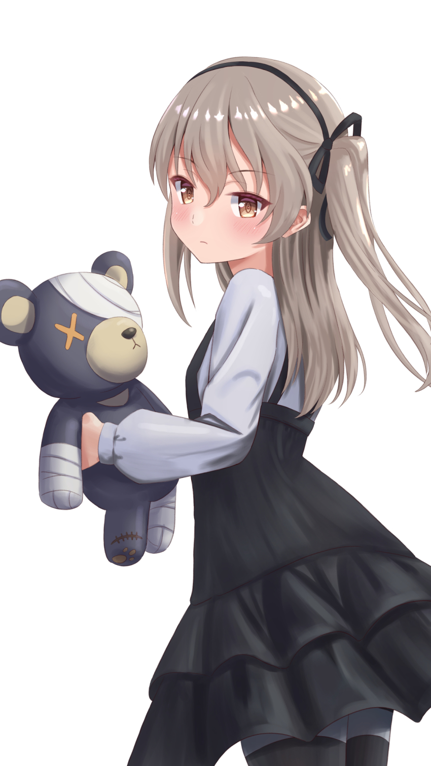 1girl amai_to_mato black_pantyhose black_ribbon boko_(girls_und_panzer) brown_eyes brown_hair closed_mouth commentary cowboy_shot dress from_side girls_und_panzer hair_ribbon highres holding holding_stuffed_toy layered_dress long_hair looking_at_viewer medium_dress pantyhose pinafore_dress ribbon shimada_arisu simple_background sleeveless sleeveless_dress solo standing striped_clothes striped_pantyhose stuffed_animal stuffed_toy teddy_bear white_background