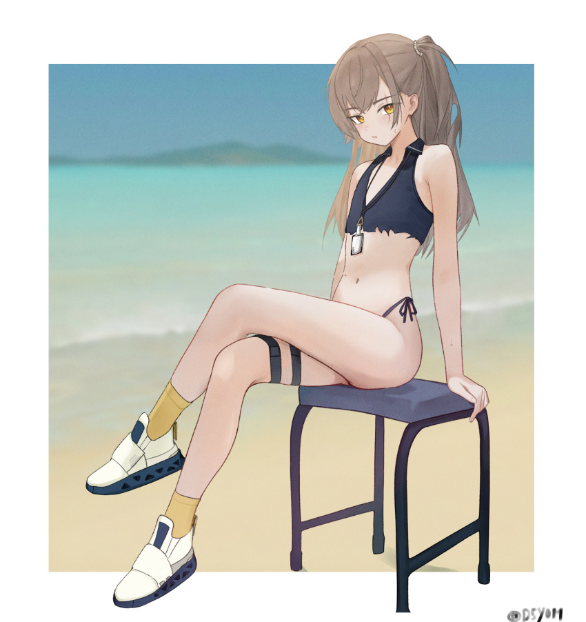 1girl anklet beach bikini blush border brown_hair collared_shirt commentary crossed_arms d5y0m flat_chest full_body girls'_frontline girls'_frontline_2:_exilium hair_between_eyes highleg highleg_bikini highres jewelry leva_(girls'_frontline_2) long_hair looking_at_viewer navel ocean on_stool one_side_up orange_eyes outside_border parted_lips scar scar_across_eye scar_on_face shirt shoes shore side-tie_bikini_bottom sidelocks sitting sleeveless sleeveless_shirt socks solo stomach sweat swimsuit thigh_strap torn_clothes torn_shirt twitter_username ump45_(girls'_frontline) v-neck white_border white_shoes yellow_socks