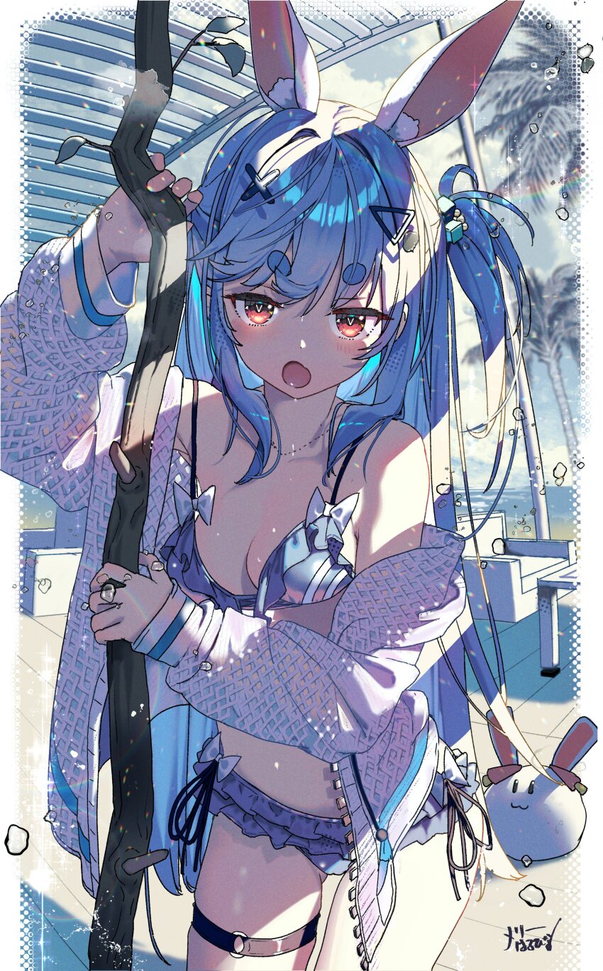1girl :o absurdres alternate_costume animal_ear_fluff animal_ears beach bikini blue_bikini blue_hair breasts cleavage commentary day extra_ears frilled_bikini frilled_thigh_strap frills hair_ornament hairclip haruhina_purple highres hololive jacket long_hair looking_at_viewer open_mouth orange_eyes outdoors pekomon_(usada_pekora) rabbit-shaped_pupils rabbit_ears rabbit_girl short_eyebrows sidelocks single_off_shoulder small_breasts solo swimsuit symbol-only_commentary symbol-shaped_pupils thick_eyebrows thigh_strap triangle_hair_ornament two_side_up usada_pekora virtual_youtuber white_jacket x_hair_ornament