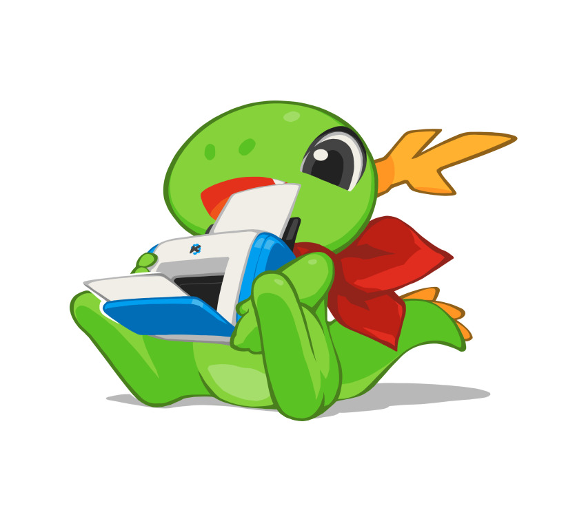 absurdres antlers black_eyes chibi commentary dragon drop_shadow english_commentary fang green_scales highres horns kde konqi krita_(medium) looking_down mascot open_mouth paper printer red_scarf scarf sitting smile spiked_tail tail transparent_background tyson_tan