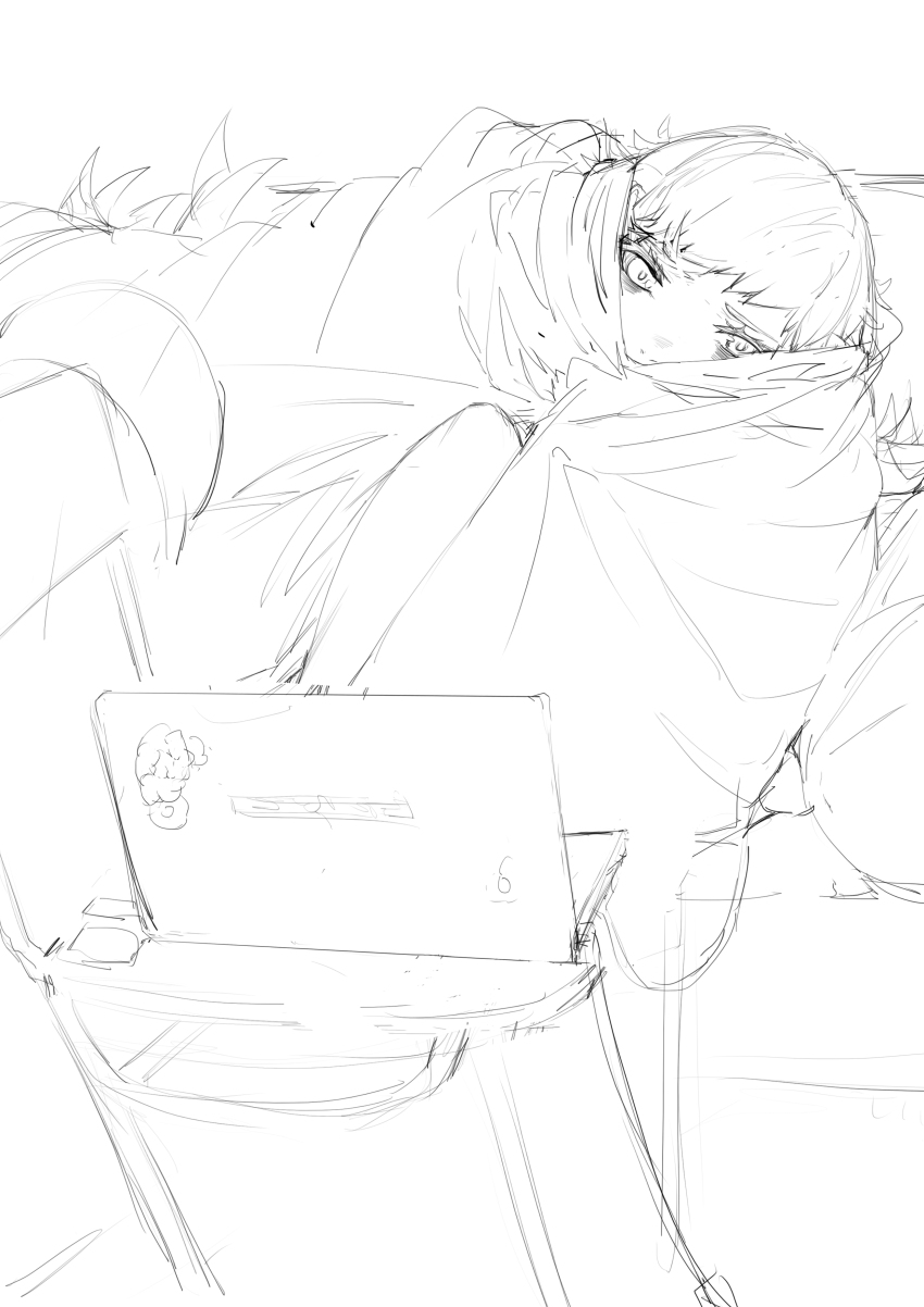 1girl absurdres bags_under_eyes bed blonde_hair cable chair commentary_request computer covered_mouth flipped_hair greyscale highres laptop long_hair lying monochrome monogatari_(series) on_side oshino_shinobu pillow shishirui_san simple_background sketch solo under_covers very_long_hair white_background