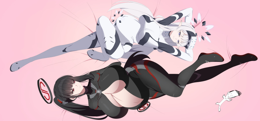 1boy 2girls absurdres alternate_breast_size_(larger) arm_behind_head arms_up bed_sheet black_bodysuit black_gloves black_hair black_halo blue_archive blunt_bangs bodysuit breasts bright_pupils cleavage closed_mouth commentary_request doodle_sensei_(blue_archive) exhausted full_body gloves hair_ornament halo hands_on_own_chest head-mounted_display highres himari_(blue_archive) himari_(bodysuit)_(blue_archive) huge_breasts implied_after_sex impossible_bodysuit impossible_clothes knee_up large_breasts latex latex_bodysuit long_hair looking_at_another looking_at_viewer lying madrawing mole mole_under_eye multicolored_bodysuit multicolored_halo multiple_girls navel official_alternate_costume official_alternate_hairstyle on_back open_bodysuit open_clothes partially_unzipped pointy_ears ponytail pregnant purple_eyes red_eyes ringed_eyes rio_(blue_archive) rio_(bodysuit)_(blue_archive) sensei_(blue_archive) sidelocks skin_tight smile sunken_cheeks two-tone_bodysuit two-tone_halo variant_set very_long_hair white_bodysuit white_hair white_halo white_pupils