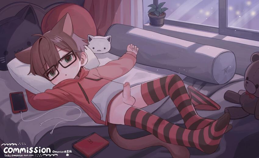 1boy absurdres animal_ears artist_name bed bed_sheet black_thighhighs blush cat-shaped_pillow cat_boy cat_ears cat_tail cellphone commentary commission earbuds earphones english_commentary erection glasses green_eyes handheld_game_console highres hood hoodie indoors looking_at_viewer lying male_focus male_underwear nintendo_ds omurice_(roza4957) on_back on_bed open_mouth original penis phone pillow plant red_hoodie red_thighhighs shota smartphone solo striped_clothes striped_thighhighs tail testicles thighhighs uncensored underwear unworn_male_underwear watermark web_address