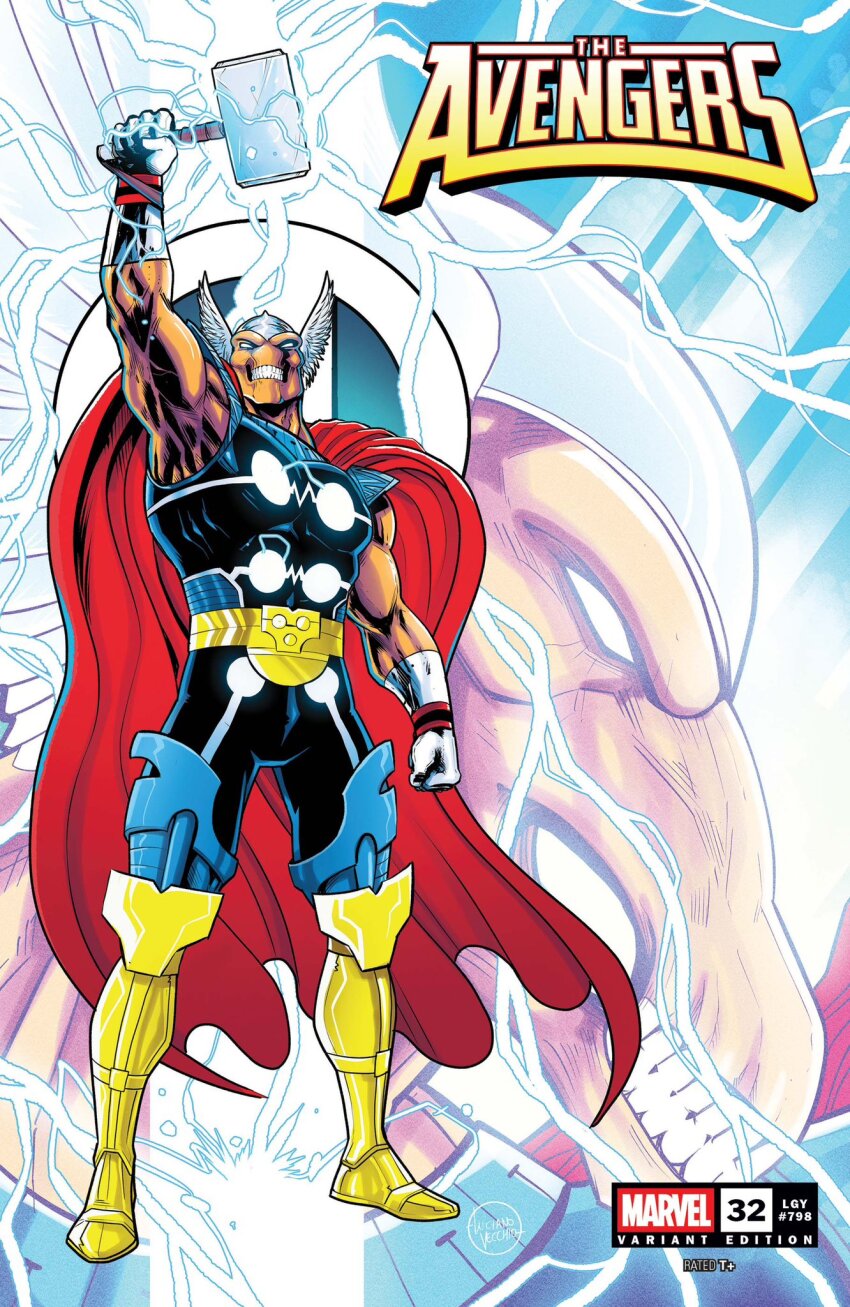 1boy alien arm_up armor avengers_(series) beta_ray_bill boots cape colored_skin comic_cover commentary copyright_logo copyright_name english_commentary english_text floating_cape full_body gloves hammer helmet highres holding holding_hammer holding_weapon lightning logo lucianovecchio male_focus marvel mjolnir_(marvel) multiple_views muscular muscular_male no_pupils official_art orange_skin profile red_cape solo teeth thor_(marvel)_(series) weapon western_comics_(style) white_gloves winged_helmet yellow_boots