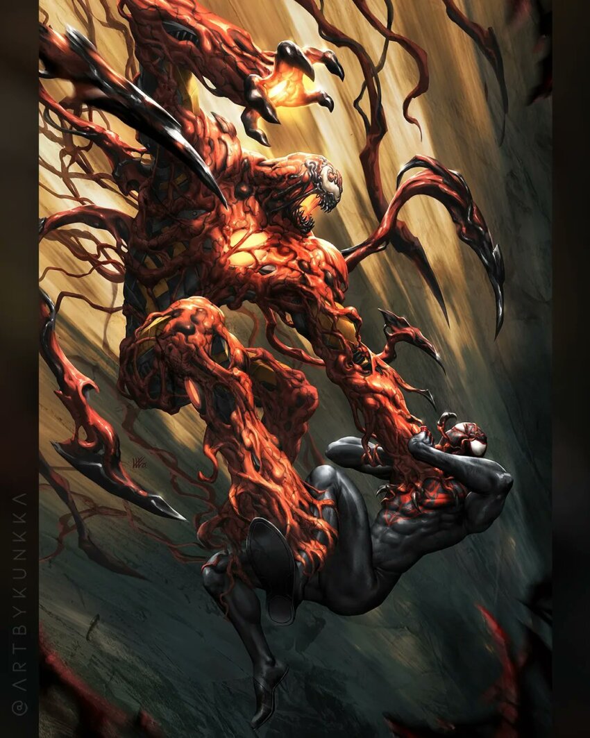 2boys black_bodysuit bodysuit carnage_(marvel) comic_cover commentary covered_abs english_commentary fighting highres kunkka male_focus marvel miles_morales monster_boy multiple_boys muscular muscular_male official_art open_mouth sharp_teeth slime_boy spider-man_(miles_morales) spider-man_(series) spider_web_print strangling superhero_costume symbiote teeth tentacles twitter_username