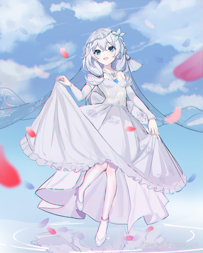 1girl :d absurdres blue_eyes blue_sky breasts chinese_commentary cloud cloudy_sky commentary_request dress full_body high_heels highres honkai_(series) honkai_impact_3rd long_hair long_sleeves looking_at_viewer open_mouth outdoors petals po16 rosary side_ponytail sky small_breasts smile solo theresa_apocalypse veil wedding_dress white_dress white_hair