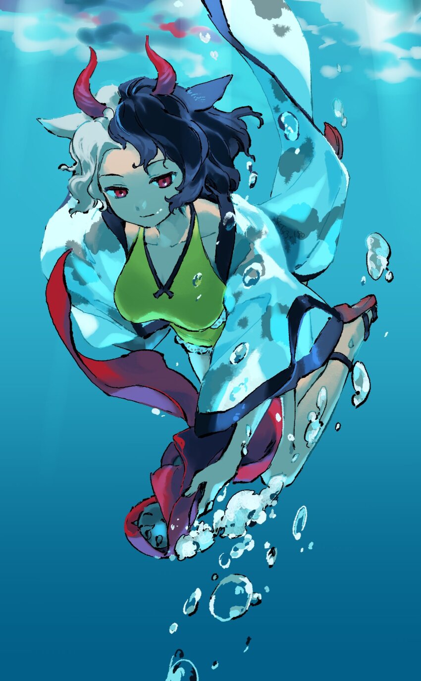 1girl air_bubble animal_ears black_hair breasts bubble collarbone commentary cow_ears cow_horns full_body highres horns kaigen_1025 looking_at_viewer multicolored_hair red_eyes red_sandals sandals solo tank_top touhou two-tone_hair underwater ushizaki_urumi white_hair wide_sleeves yellow_tank_top