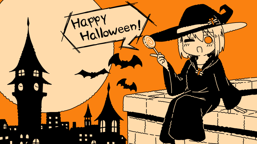 1girl absurdres bat_(animal) bug candy clock clock_tower commentary_request dragonfly emesan_desu food full_moon halloween happy_halloween hat highres holding holding_candy holding_food holding_lollipop insect lollipop long_sleeves looking_at_viewer moon one_eye_closed open_mouth orange_theme original robe solo tower witch witch_hat