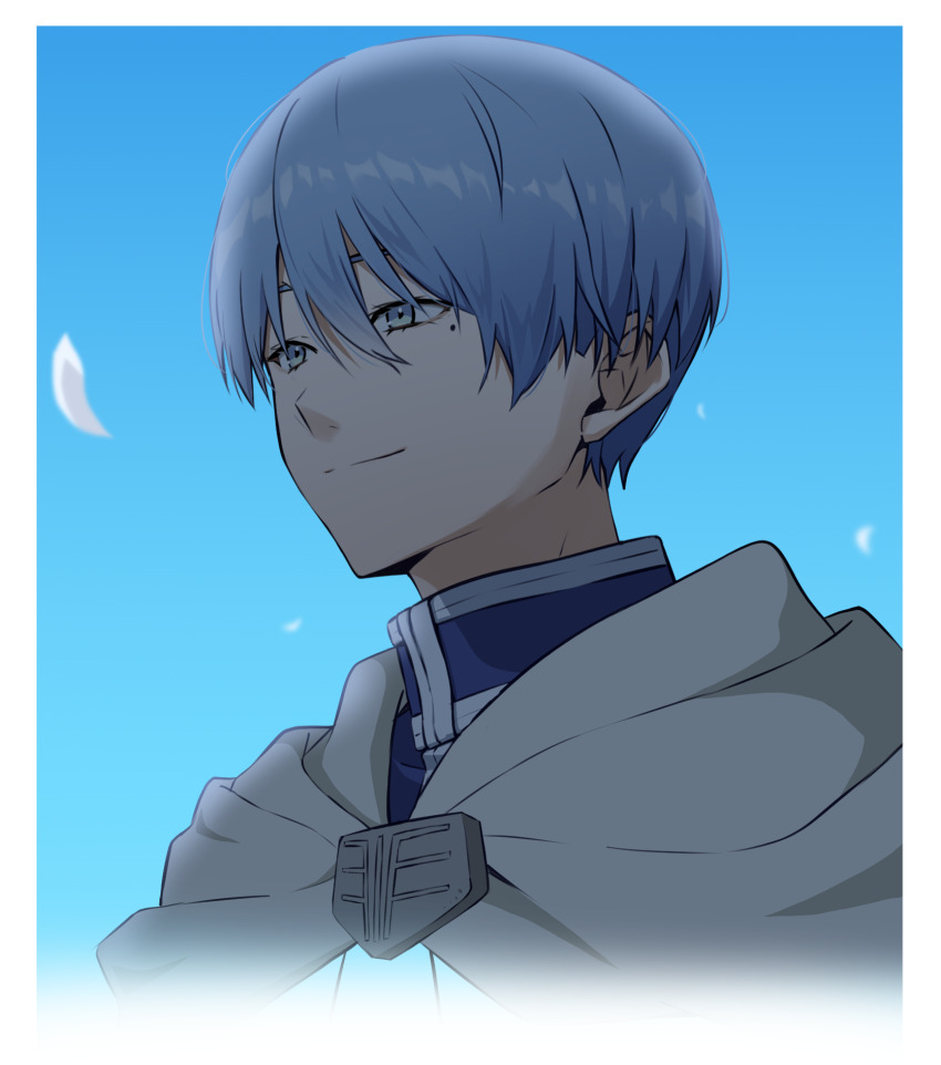 1boy blue_background blue_eyes blue_hair blue_shirt border closed_mouth fading_border highres himmel_(sousou_no_frieren) male_focus portrait shirt short_hair slope_(check238) smile solo sousou_no_frieren white_border