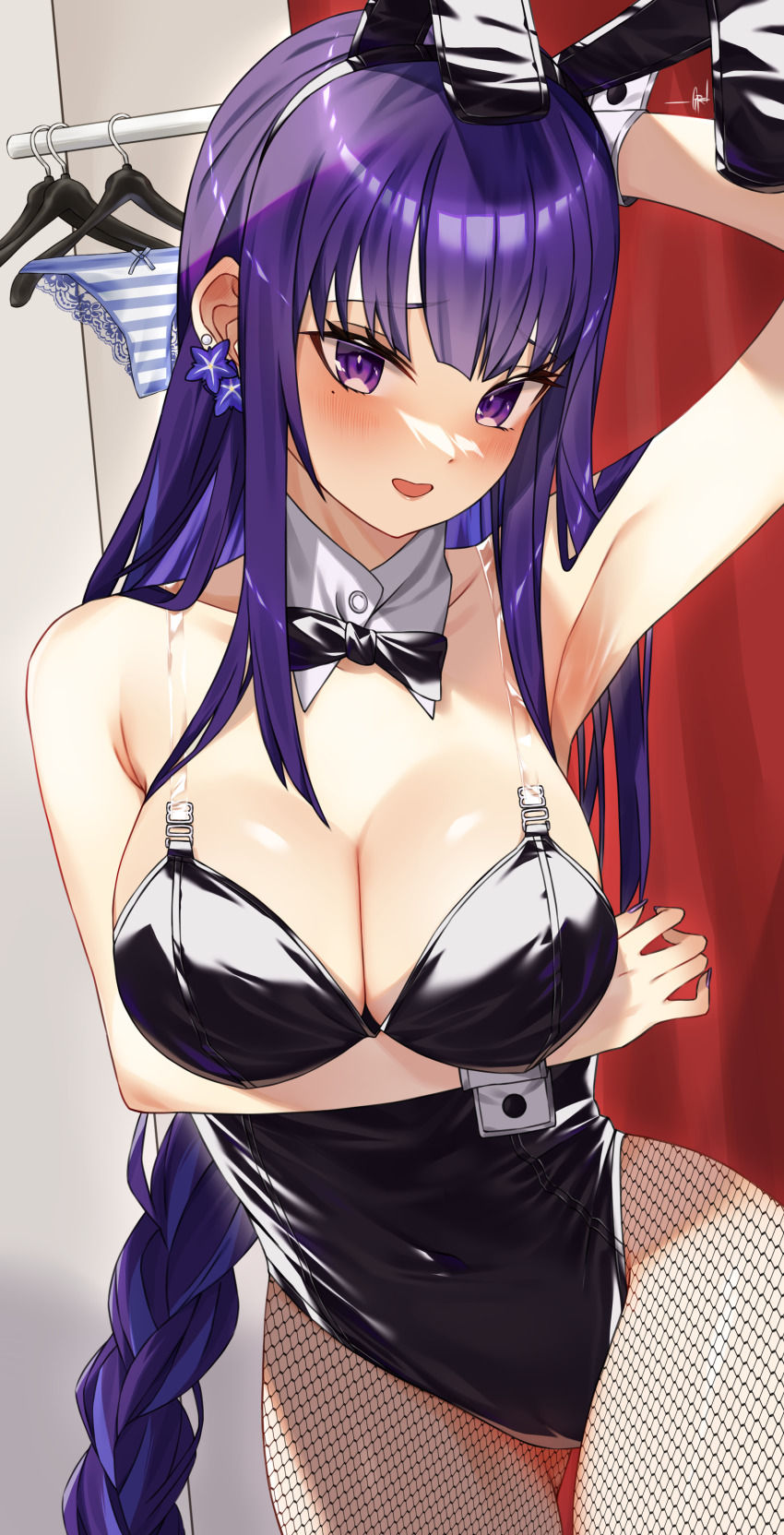 1girl absurdres alternate_costume animal_ears arm_behind_head armpit_crease armpits arms_up bare_shoulders black_bow black_bowtie blunt_bangs blurry blurry_background blush bow bowtie braid breasts cleavage collarbone commentary curtains detached_collar earrings embarrassed english_commentary fake_animal_ears formal_clothes genshin_impact goro_desu happy head_tilt highres huge_breasts indoors jewelry long_braid looking_at_viewer looking_to_the_side mole mole_under_eye multicolored_hair nose_blush open_mouth panties pantyhose playboy_bunny purple_eyes purple_hair rabbit_ears raiden_shogun single_braid single_earring smile solo standing streaked_hair suit thigh_gap thighs underwear upper_body wrist_cuffs