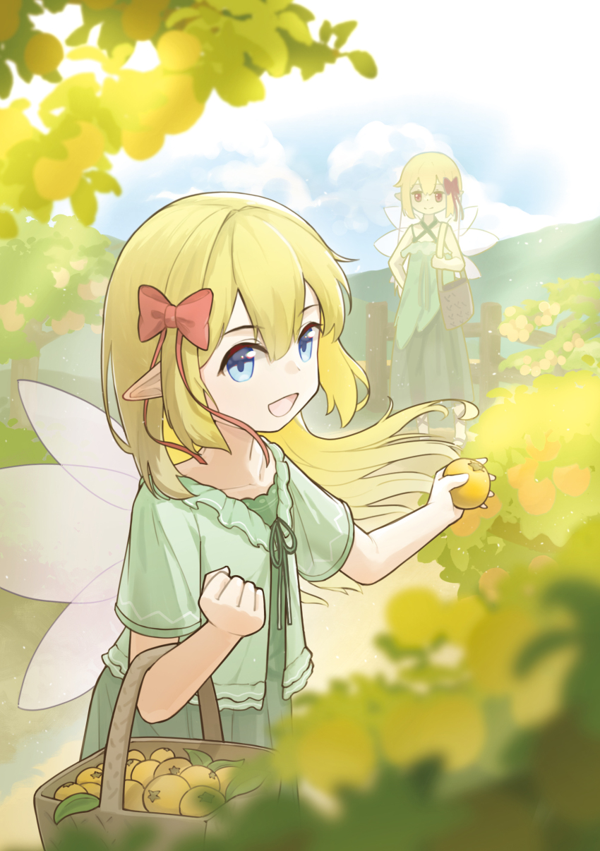 2girls absurdres alternate_costume basket blue_eyes blue_sky bow cloud commentary_request day dual_persona edsky0309 fairy fairy_wings food fruit green_ribbon green_shirt green_skirt hair_bow highres holding holding_basket holding_food holding_fruit lily_white multiple_girls multiple_wings neck_ribbon open_mouth orange_(fruit) outdoors pointy_ears red_bow red_eyes ribbon shirt short_sleeves skirt sky smile touhou wings