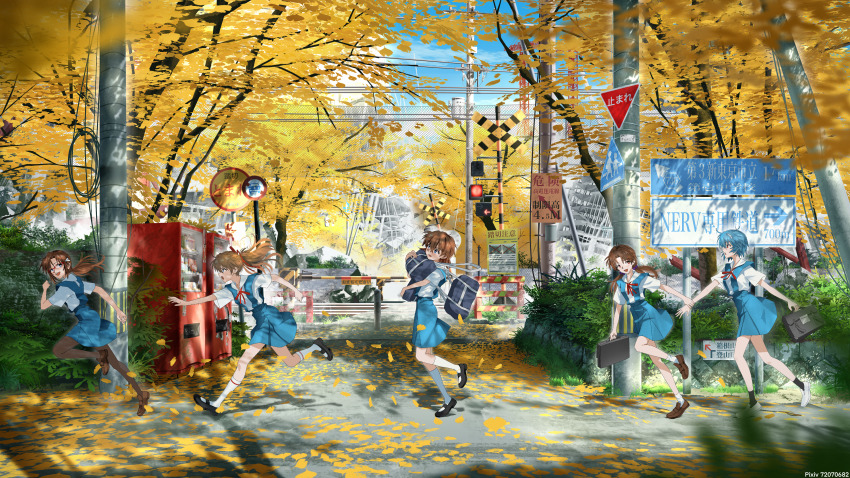 5girls absurdres ankle_socks autumn_leaves ayanami_rei bag black_bag black_shoes black_socks blue_bag blue_eyes blue_hair blue_skirt botttomtext brown_eyes brown_hair brown_pantyhose brown_shoes character_request chasing check_character collared_shirt commentary_request day falling_leaves from_side ginkgo_tree glasses hair_between_eyes hair_ornament hair_ribbon hairclip highres holding holding_another's_wrist holding_bag horaki_hikari interface_headset_(evangelion) kirishima_mana kneehighs leaf loafers long_hair looking_at_another looking_back makinami_mari_illustrious mary_janes multiple_girls neck_ribbon neon_genesis_evangelion outdoors pantyhose power_lines railroad_crossing red-framed_eyewear red_eyes red_ribbon ribbon road_sign running school_bag school_uniform shirt shoes short_hair short_sleeves sign skirt socks souryuu_asuka_langley suspender_skirt suspenders tokyo-3_middle_school_uniform twintails utility_pole variant_set vending_machine white_shirt white_shoes white_socks