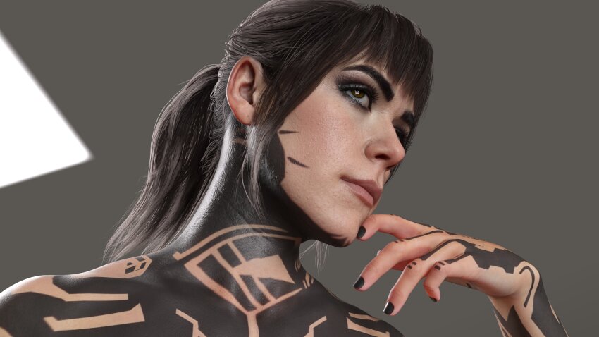 1girl 3d absurdres arm_tattoo black_hair black_nails brown_eyes call_of_duty call_of_duty:_black_ops_7 emma_kagan highres indoors long_hair neck_tattoo ponytail solo tattoo upper_body yamrouser18906