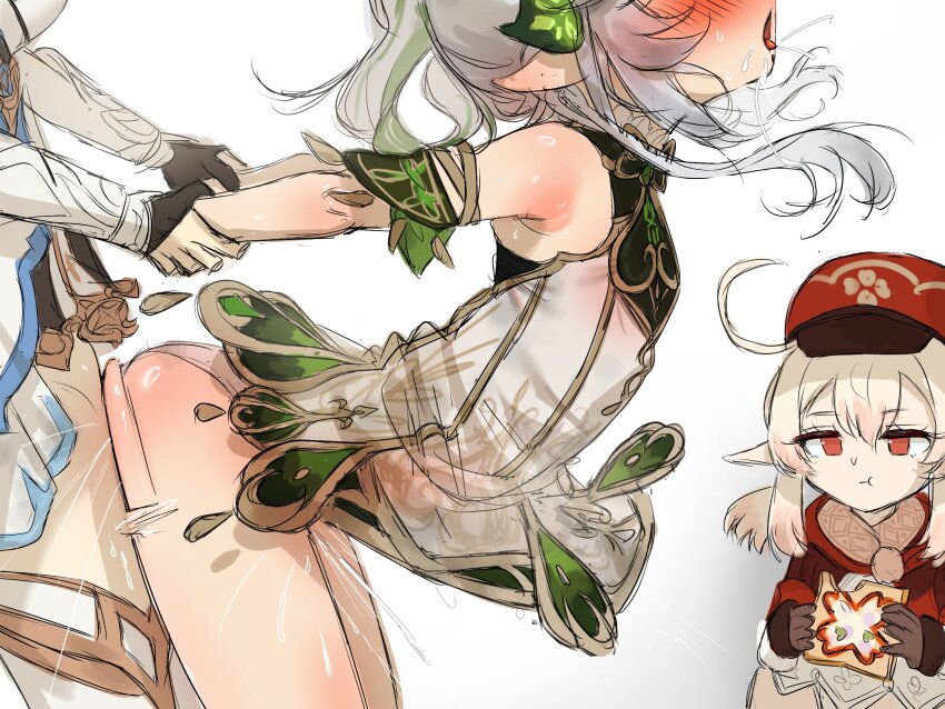 1futa 2girls bent_over blonde_hair closed_mouth clothed_sex commentary dress eating english_commentary futa_with_female futanari genshin_impact green_hair grey_hair hat highres holding_another's_wrist implied_futanari klee_(genshin_impact) loli long_hair lumine_(genshin_impact) multicolored_hair multiple_girls nahida_(genshin_impact) open_mouth pointy_ears red_hat sex sex_from_behind simple_background streaked_hair tongue tongue_out torten watching white_background white_dress