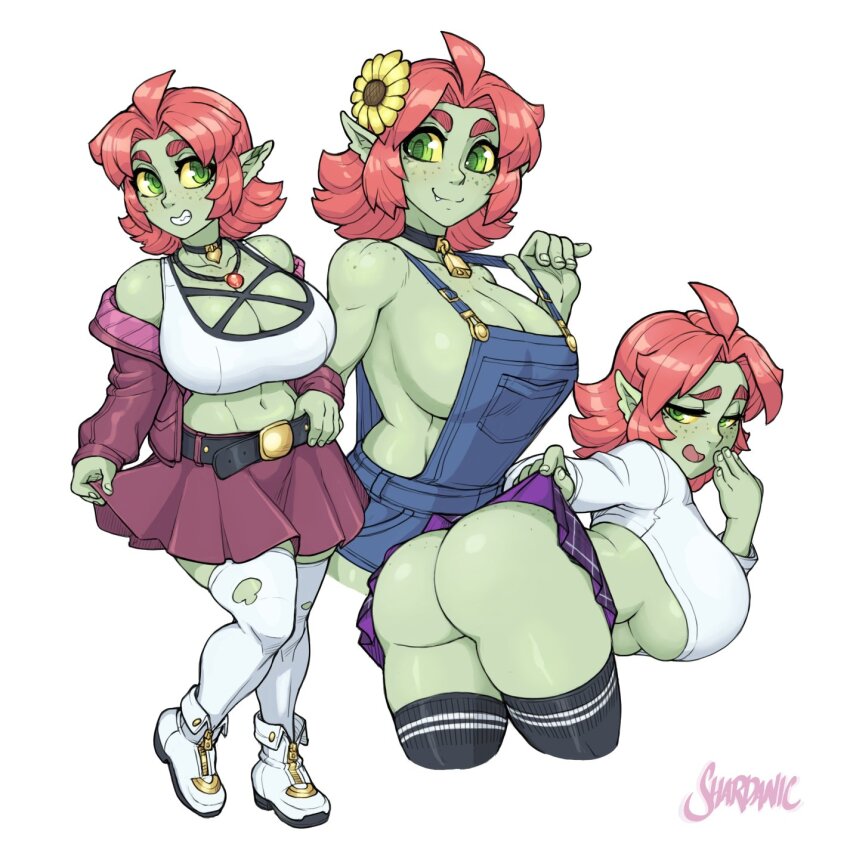 ahoge alternate_costume anart_(cliffpadfoot) artist_name ass boots breasts cliffpadfoot colored_sclera colored_skin dwarf fang female_goblin flower flower_on_head freckles full_body goblin green_eyes green_skin highres huge_breasts jacket looking_at_viewer nails naked_overalls navel orange_hair original overalls pointy_ears school_uniform shoes sideboob skirt smile teeth thighhighs underboob white_background yellow_sclera