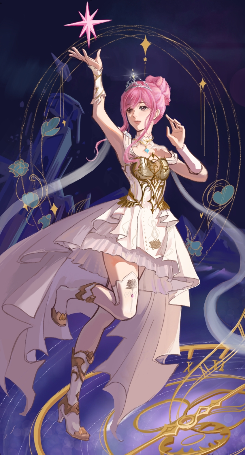 1girl armor bare_shoulders blue_gemstone boots breastplate brown_eyes chest_jewel choker clock closed_mouth coattails dress frilled_arm_warmers frilled_choker frilled_dress frills full_body gem hair_bun happy hexagram high_heel_boots high_heels highres infinity_nikki leg_up lips looking_to_the_side melody_bloom_(infinity_nikki) nikki_(nikki) nikki_(series) nostrils object_floating_above_hand off-shoulder_dress off_shoulder pink_hair pink_lips pleated_dress procreate_(medium) purple_background qingmuhuili34456 short_dress short_hair_with_long_locks short_sleeves sidelocks single_hair_bun smile solo standing thighhighs tiara updo wavy_hair white_arm_warmers white_boots white_choker white_dress white_thighhighs