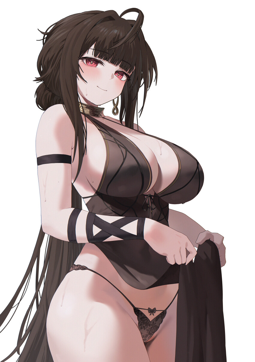 1girl absurdres ahoge arm_strap black_panties breasts brown_hair closed_mouth clothes_lift commentary_request dalssi dress dsr-50_(girls'_frontline) earrings evening_gown girls'_frontline hair_intakes highres jewelry korean_commentary large_breasts lifting_own_clothes long_hair looking_at_viewer loreley_(girls'_frontline_2) panties pelvic_curtain pelvic_curtain_lift red_eyes smile solo striped_clothes striped_panties underwear very_long_hair white_background