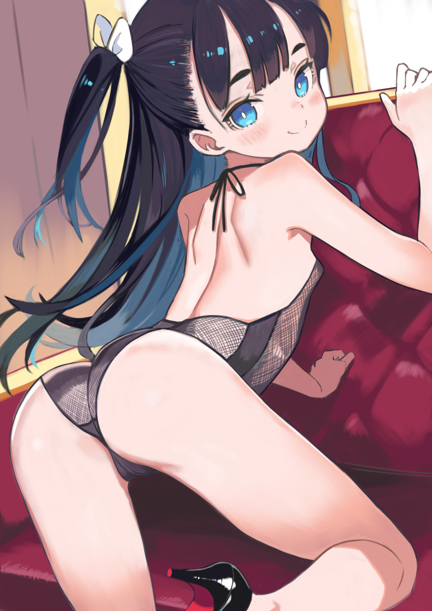 1girl absurdres ass black_hair black_leotard black_shoes blue_eyes blue_hair closed_mouth colored_inner_hair commentary_request fishnet_leotard fishnets halterneck high_heels highres leotard loli long_hair looking_at_viewer monomono multicolored_hair one_side_up original paid_reward_available shoes smile solo two-tone_hair