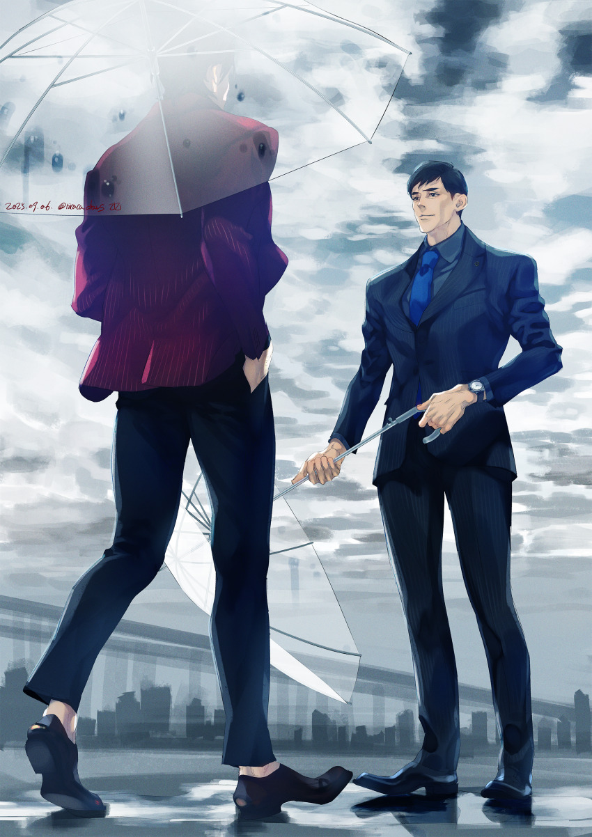 absurdres akiyama_shun arai_hiroaki_(rgg) black_hair cloud cloudy_sky commentary_request face-to-face formal_clothes highres holding holding_umbrella looking_at_another necktie nicacu ryuu_ga_gotoku_(series) ryuu_ga_gotoku_4 sky suit transparent transparent_umbrella umbrella walking watch wristwatch
