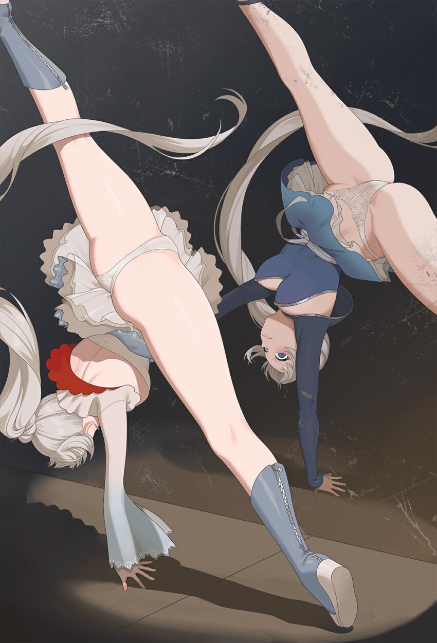 1girl ass blue_eyes boots breasts cameltoe cartwheel commentary different_reflection dual_persona english_commentary flexible floating_hair highres long_hair looking_at_mirror medium_breasts mirror paid_reward_available panties ponytail reflection revision rwby spinning split spread_legs thighs underwear very_long_hair wangxiii weiss_schnee white_hair white_panties