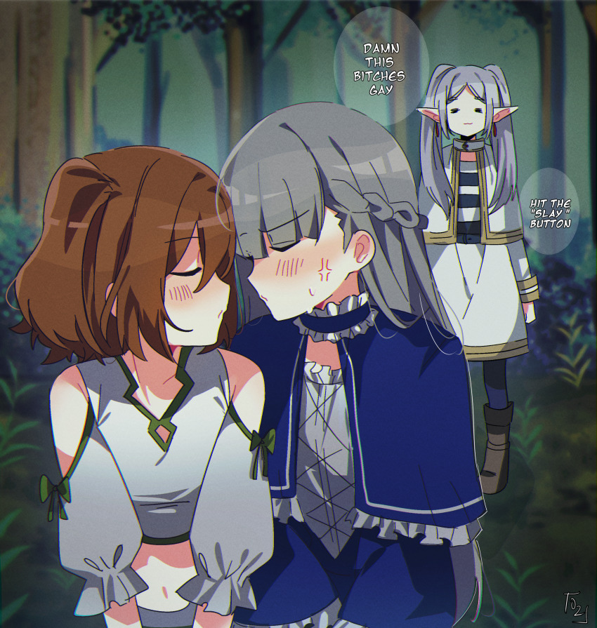 3girls =_= absurdres anger_vein black_pantyhose black_shirt blue_capelet blue_dress blush boots breasts brown_footwear brown_hair capelet closed_eyes commentary cropped_shirt dress earrings english_commentary english_text engrish_text floating_earrings forest frieren gold_trim grey_hair highres imminent_kiss jewelry kanne_(sousou_no_frieren) lawine_(sousou_no_frieren) multiple_girls nature outdoors oz_sumire pantyhose pointy_ears puckered_lips ranguage shirt short_hair signature three-quarter_sleeves small_breasts sousou_no_frieren speech_bubble standing striped_clothes striped_shirt tree twintails upper_body white_capelet white_dress white_shirt yuri