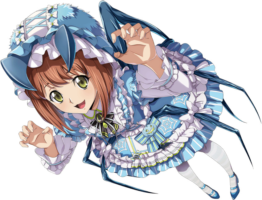 1girl apron blue_dress bow brown_hair code_geass code_geass:_dakkan_no_roze code_geass:_lost_stories dress f4samurai frilled_apron frilled_dress frilled_skirt frilled_sleeves frills game_cg green_eyes hair_bow halloween looking_at_viewer mei_ema official_art open_mouth short_hair skirt smile solo thighhighs