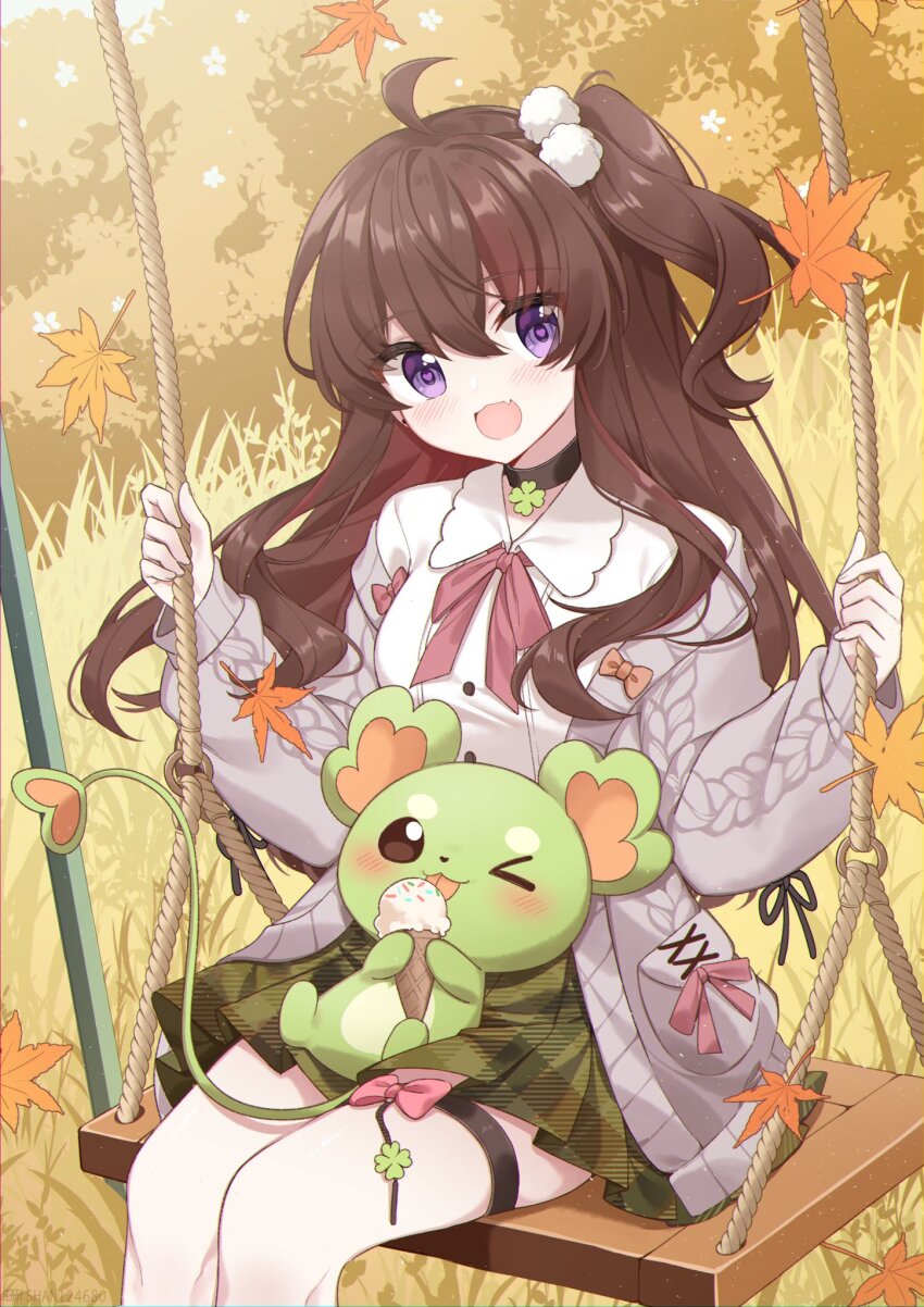 1girl ahoge animal animal_on_lap autumn_leaves brown_hair brown_neckerchief cardigan collared_shirt commentary_request commission da_shan_mao grass green_skirt grey_cardigan highres indie_virtual_youtuber leaf long_hair long_sleeves looking_at_viewer nagisa_(vtuber) neckerchief on_lap on_swing open_cardigan open_clothes open_mouth purple_eyes second-party_source shirt side_ponytail sitting skirt solo swing thigh_strap virtual_youtuber white_shirt