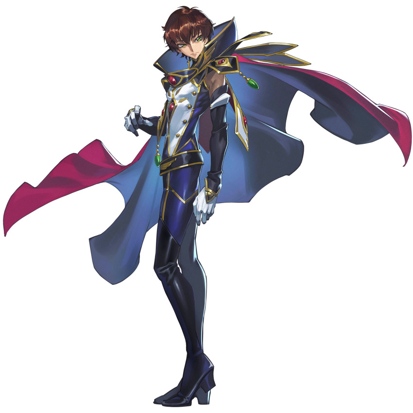1boy black_cape bodysuit brown_hair cape closed_mouth code_geass code_geass:_genesic_re;code full_body gloves green_eyes highres kururugi_suzaku looking_at_viewer male_focus multicolored_cape official_art short_hair simple_background solo transparent_background two-sided_cape two-sided_fabric white_gloves