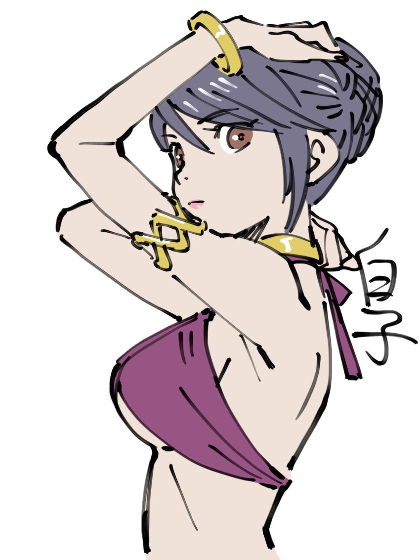 1girl black_hair breasts brown_eyes choker closed_mouth commentary_request fujibayashi_sheena highres jewelry looking_at_viewer shirako_(kirupi) sideboob simple_background solo swimsuit tales_of_(series) tales_of_symphonia white_background