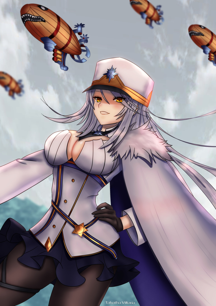 1girl absurdres aircraft artist_name azur_lane black_gloves black_pantyhose breasts cleavage command_&amp;_conquer command_&amp;_conquer:_red_alert command_&amp;_conquer:_red_alert_2 command_&amp;_conquer:_red_alert_3 commentary dirigible english_commentary fur_trim gloves hand_on_own_hip hat highres kirov_(azur_lane) kirov_airship large_breasts long_hair long_sleeves name_connection nose_art pantyhose shark_nose_art shark_print silver_hair sky smile tabathaviltaria yellow_eyes
